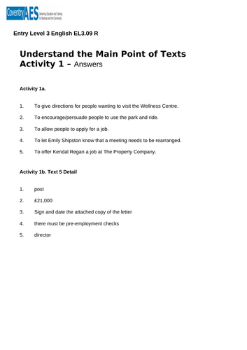 Entry Level 3 English Sow, Presentations, Worksheets and Answers ...
