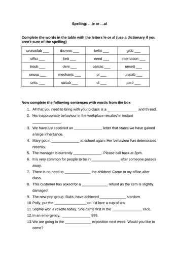 KS3 English spelling: le/al endings