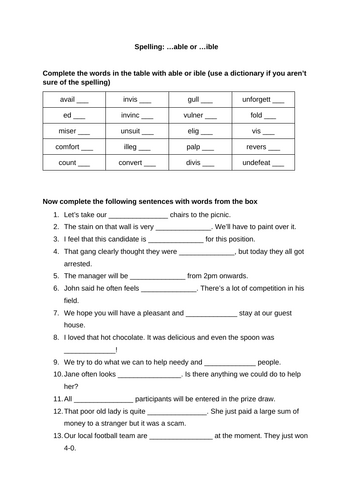 KS3 English spelling: able/ible endings