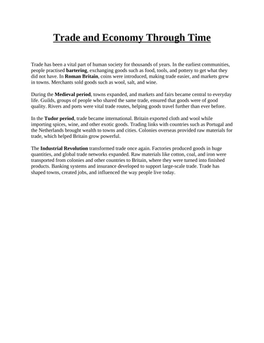 Trade and Economy Through Time – Differentiated Reading Comprehension ...
