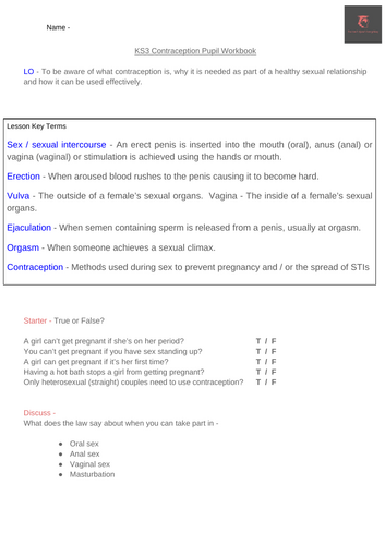 Contraception KS3 PSHE Pupil Workbook | Teaching Resources
