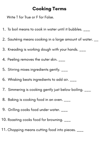 Comprehensive Description of the Cooking Terms Worksheets | Teaching ...