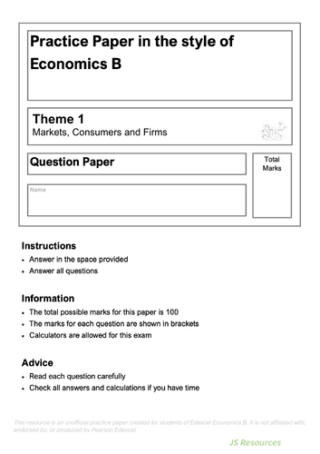 A Level Edexcel Economics B style Theme 1 Question Paper and Mark ...