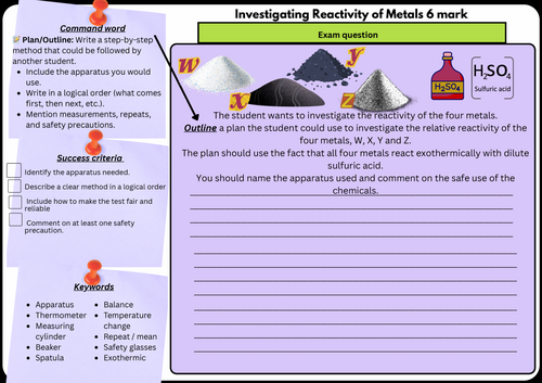 Investigating Reactivity of Metals –GCSE Chemistry 6 Mark | Scaffolded/Differentiated Worksheet GCSE
