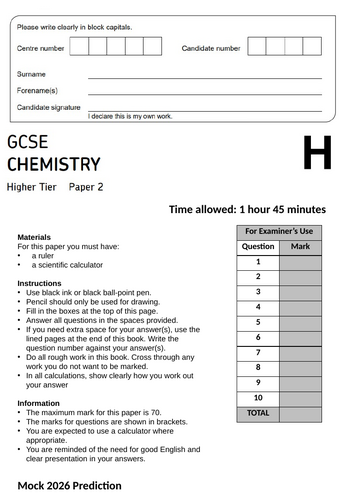 AQA C2 Chemistry 8462 Mock Prediction 2026