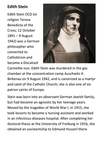 Edith Stein - Teresa Benedicta of the Cross Handout | Teaching Resources