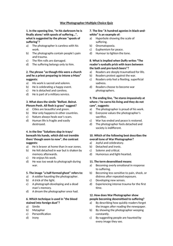 War Photographer by Carol Ann Duffy Multiple Choice Quiz