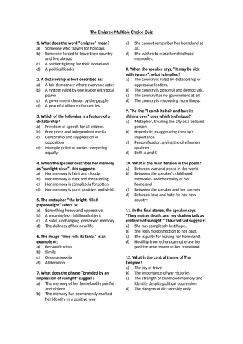 The Emigree by Carol Rumens Multiple Choice Quiz