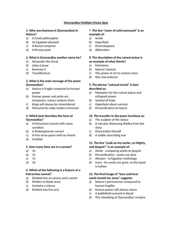 Ozymandias by Percy Bysshe Shelley Multiple Choice Quiz