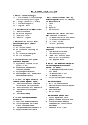 My Last Duchess by Robert Browning Multiple Choice Quiz