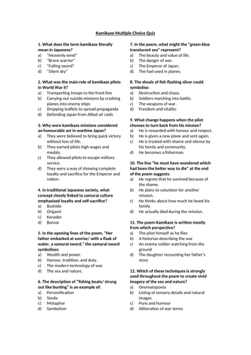 Kamikaze by Beatrice Garland Multiple Choice Quiz