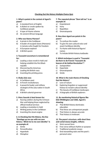 Checking Out Me History by John Agard Multiple Choice Quiz
