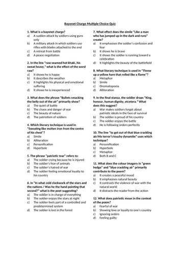 Bayonet Charge by Ted Hughes Multiple Choice Quiz