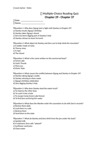 Louis Sachar – Holes | Section Quizzes | A/B Versions | Google Forms ...