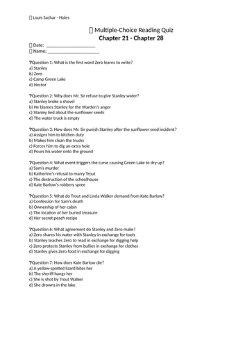 Louis Sachar – Holes | Section Quizzes | A/B Versions | Google Forms ...