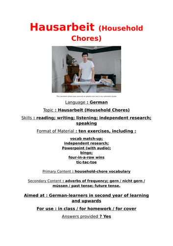 German, Hausarbeit (Household Chores)-unit of work, 10 tasks (main activity Powerpoint with sound).