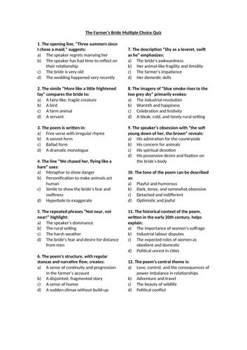The Farmer’s Bride Multiple Choice Quiz