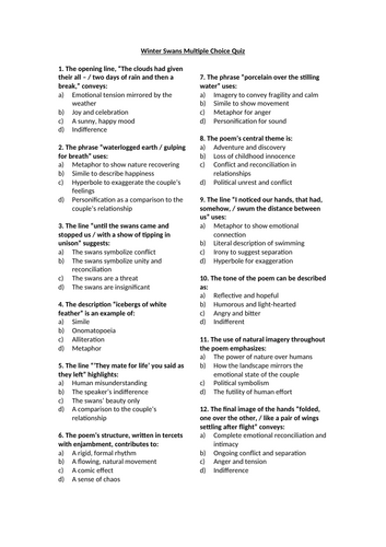 Winter Swans Multiple Choice Quiz
