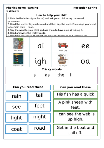 Reception Little Wandle Spring 1 Homework sheets Weeks 1 -5 | Teaching ...