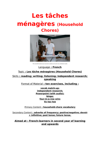French unit-of-work, Les tâches ménagères,Household Chores, 10 tasks, answers, Powerpoint with sound