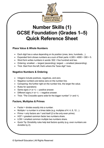 GCSE Maths Foundation – Number Skills (1) Quick Reference Sheet