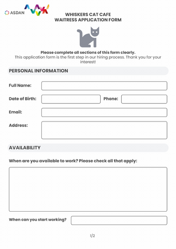 ASDAN Careers and Experiencing Work - Career Management - A2 - Application Form