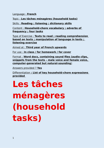 Les Tâches Ménagères (Household tasks), reading & listening French, worksheets, third year upwards