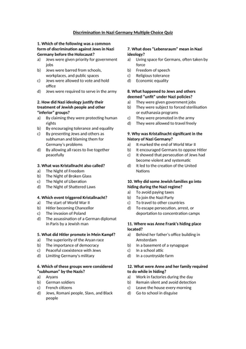 Discrimination In Nazi Germany Multiple Choice Quiz