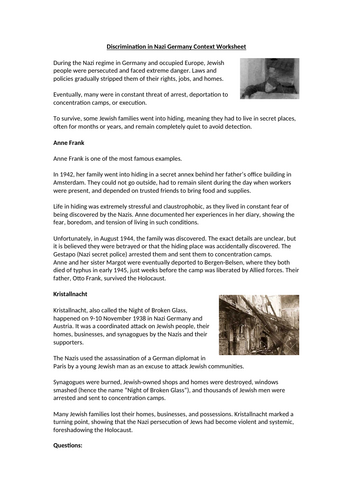 Discrimination in Nazi Germany Context Worksheet