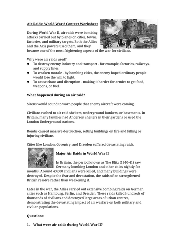 Air Raids: World War 2 Context Worksheet