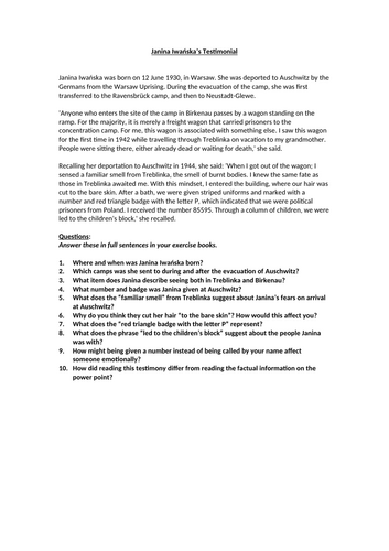 World War 2 - Testimony Of Events Worksheet