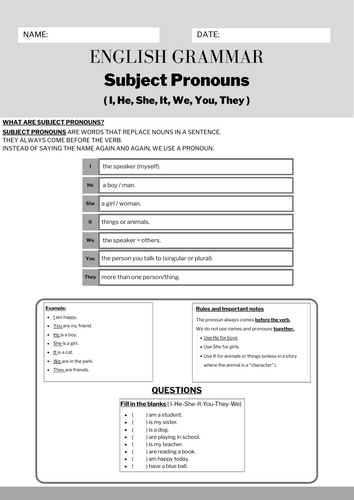 Subject Pronouns Fun & Engaging Grammar Worksheets for Confident
