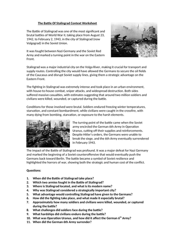 World War 2 - The Battle Of Stalingrad Context Worksheet