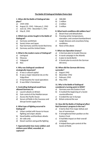 World War 2 - The Battle Of Stalingrad Multiple Choice Quiz