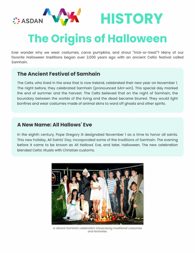 ASDAN History - History of Halloween and its Traditions Task Sheet