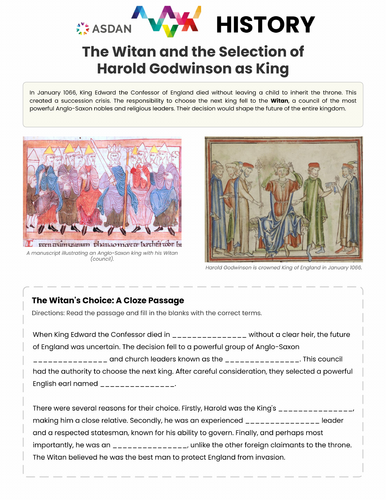 ASDAN History - Norman Invasion - The Witan choose Harold Godwinson