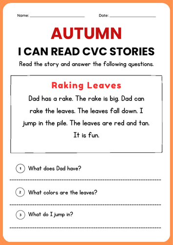 Fall CVC Decodable Short Stories worksheets with Questions | Decodable Readers