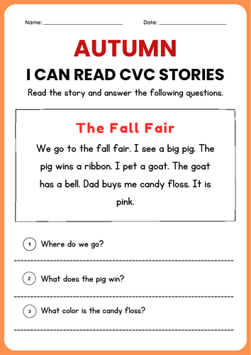 Fall CVC Decodable Short Stories worksheets with Questions | Decodable Readers