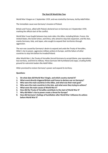 The Start Of World War Two Context Worksheet