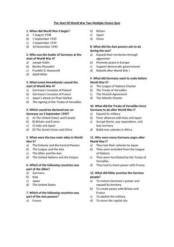 The Start Of World War Two Multiple Choice Quiz