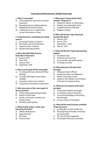 World War 2 - Censorship and Book Burnings Multiple Choice Quiz