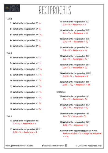 Reciprocals - Maths GCSE Foundation Worksheet | Teaching Resources