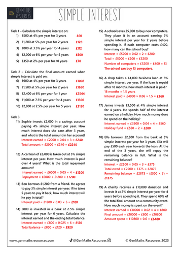 Simple Interest - Maths GCSE Foundation Worksheet | Teaching Resources
