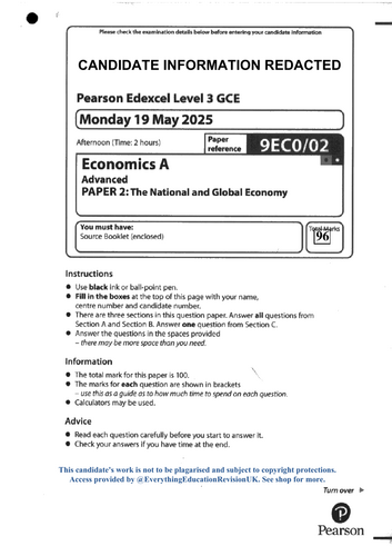 A-Level Edexcel Economics A Paper 2 2025 Series Copy of Script with Model Answers (96/100 Marks)