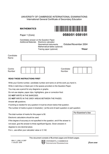 UNIVERSITY OF CAMBRIDGE INTERNATIONAL EXAMINATIONS IGCSE past paper ...