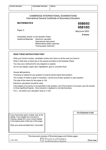 UNIVERSITY OF CAMBRIDGE INTERNATIONAL EXAMINATIONS IGCSE past paper ...