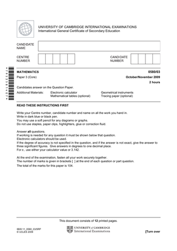 UNIVERSITY OF CAMBRIDGE INTERNATIONAL EXAMINATIONS IGCSE past paper ...