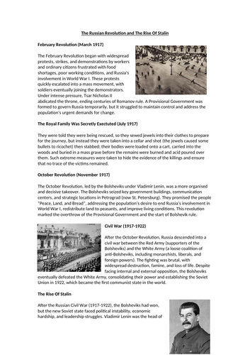 The Russian Revolution and The Rise Of Stalin Context Worksheet