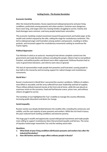 Inciting Events - The Russian Revolution Context Worksheet