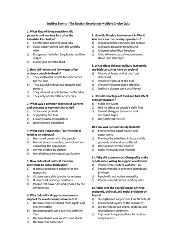 Inciting Events - The Russian Revolution Multiple Choice Quiz